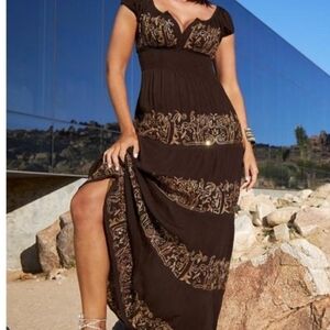 Boston Proper Brown and Gold Puff Sleeve Gown